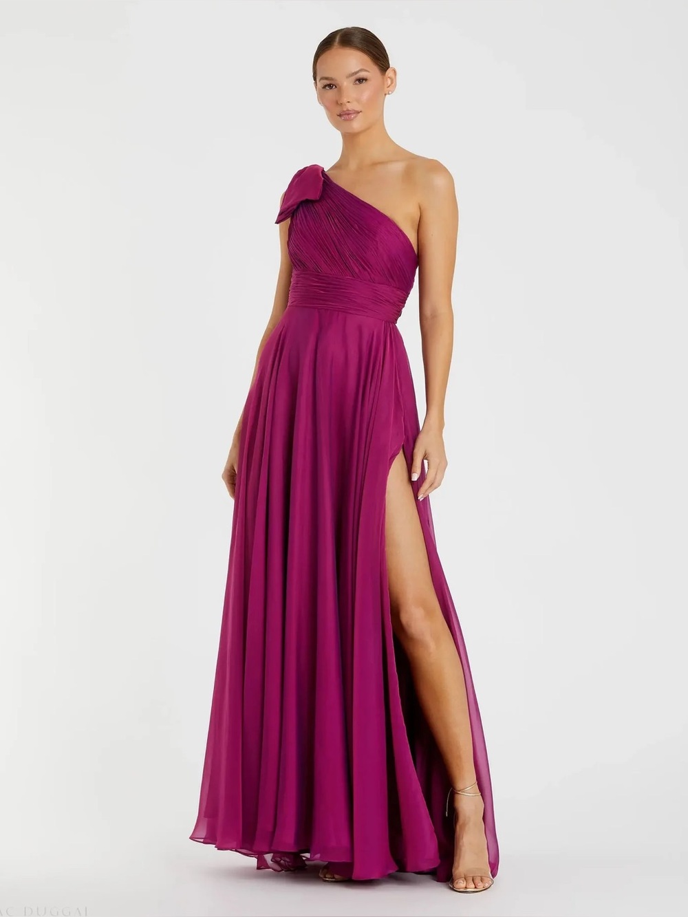 MAC DUGGAL Bow One Shoulder Ruffle Asymmetrical Hem Gown Magenta 2P $498